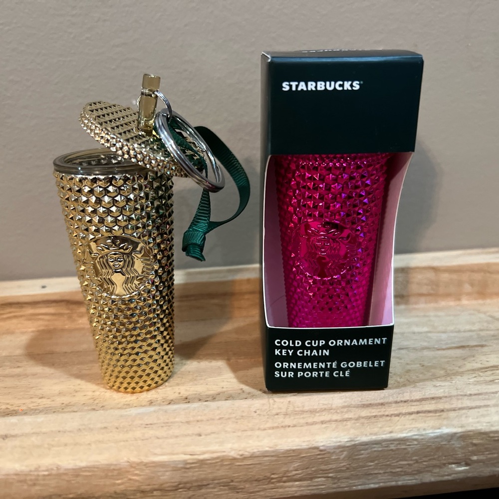 Hot pink miniature Starbucks cold cup ornament key chain.
